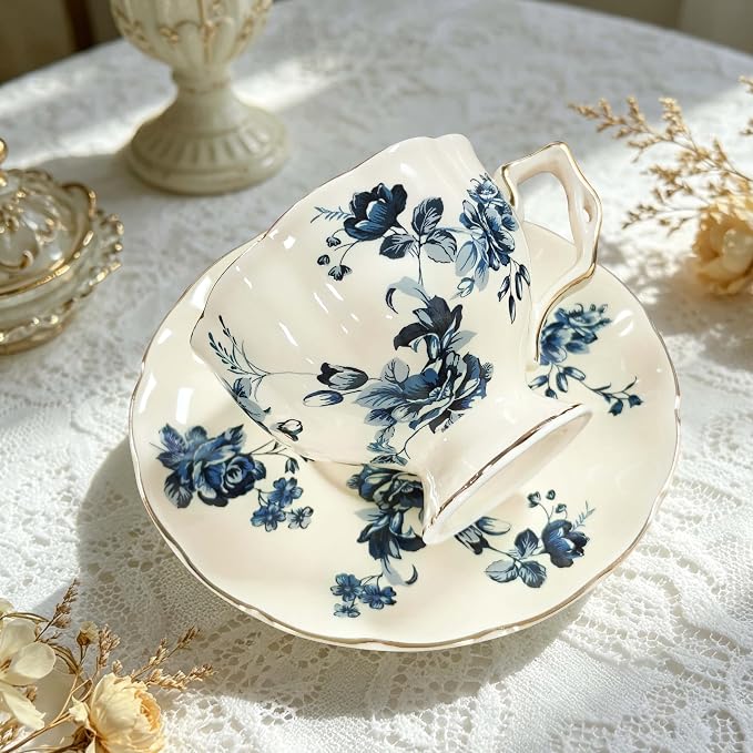Tea Cups and Saucers Set, Porcelain Coffee Mugs, 8.4 OZ Vintage Coffee Cups - Image 5
