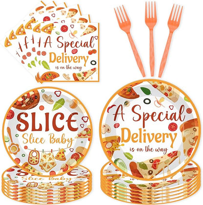 96 Pcs Special Delivery Pizza Baby Shower Decorations, Tableware Set | Includes by EoBeCy