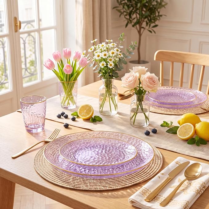 Rubtlamp 60Pcs Clear Purple Gold Plastic Plates, Hammered Plastic Plates - Image 4