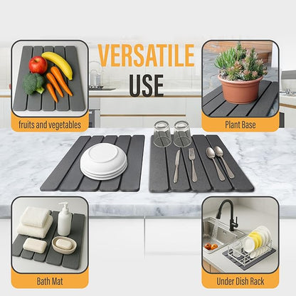 Large Foldable Stone Dish Drying Mat – Diatomaceous Earth, 2 Pack (12"x16" Each) or 24"x16" Combined – Fast Dry, Anti-Slip Pad, Sanding Tool & Instruction Manual for Kitchen and Bathroom, Dark Gray