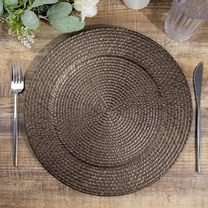 Efavormart 6 Pack | 13" Natural Brown Acrylic Plastic Rattan-Like Charger Plates - Image 5