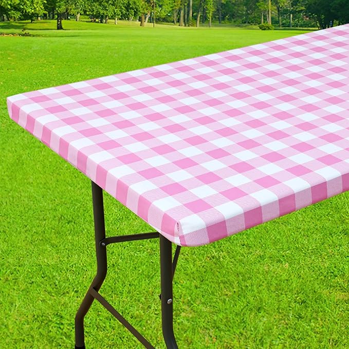 Smiry Rectangle Picnic Table Cloth, Elastic Waterproof Fitted Vinyl Tablecloths, Flannel Backed Buffalo Plaid Table Covers for Dining, Camping, Valentines(White and Pink, 30" x 96")