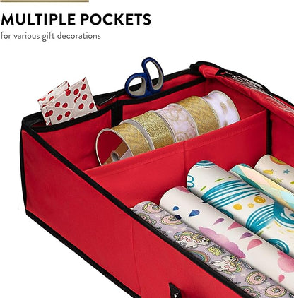ZOBER Gift Wrapping Paper Organizer Storage - 40" Gift Wrap Storage Containers with Interior Pockets for Bows, Tags & Ribbons - Wrapping Paper Holder, 600D Oxford, Fits 24 Standard Rolls, Red/Black