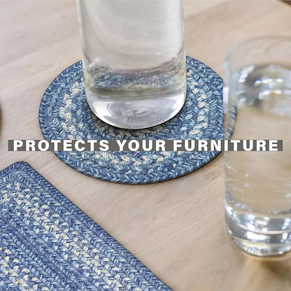 Homespice Denim Jute Braided Trivets for Table, Country Coastal Decor, Set of 3, Blue 8" Round Heat Resistant Mat - Rich Colors, Easy to Clean, Durable and Protects Furniture