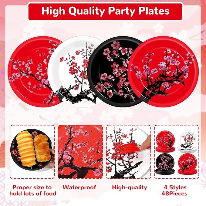 48Pcs Hibachi Party Decorations Supplies Cherry Blossom Dinnerware Disposable - Image 3