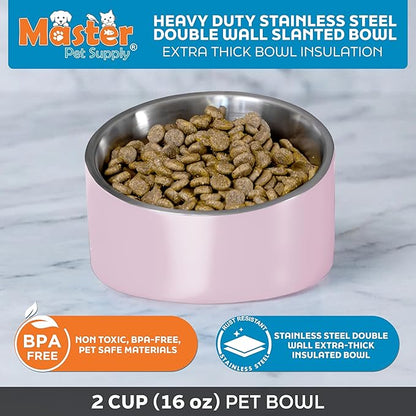 Master Pet Supply Stainless Steel Slanted Dog Cat Food Bowl - 16 oz Heavy Duty - Rose Quartz, Double Wall Insulated, Non-Slip Elevated Bowl for French Bulldogs Pugs Cats, Anti Rust Dishwasher Safe