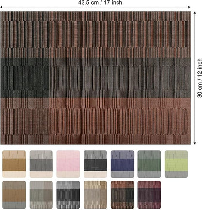 Placemats Set of 4, Vinyl Woven Place Mats Indoor Set of 4 Washable Wipeable PVC Table Mats Heat-Resistant Non Slip Plastic Placemat for Kitchen Dining Outdoor Table (Black Brown, Set of 4)
