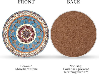 Coasters Absorbent Ceramic Coaster Drink Coasters with Cork Back Persian Pattern Set of 6 Round Coaster Non Slip for Coffee Table Wine Glass Home Bar 4 Inch, Colorful