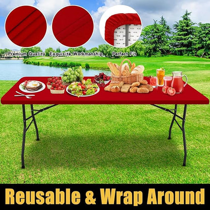 Smiry Rectangle Picnic Table Cloth, Waterproof Elastic Fitted Tablecloths for 6 Foot Tables, Washable Polyester Table Cover for Camping, Indoor and Outdoor (Red, 36"x72")