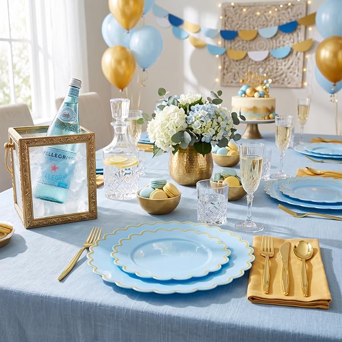 LIYH 100 Pcs Baby Blue Plastic Plates, Wide Gold Scalloped Edge - Image 5