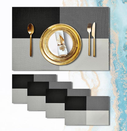Placemats Set of 4 - Washable Woven Vinyl Placemats, Heat Resistant, Non-Slip, Easy to Clean Water Resistant Table Mats for Indoor/Outdoor Dining, Kitchen, Patio (4, Black White Square)