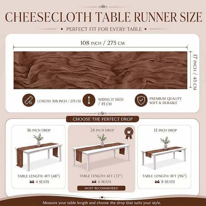 2 Pack Brown Cheesecloth Table Runner 17x108 Inch Boho Rustic Semi Sheer Gauze - Image 3