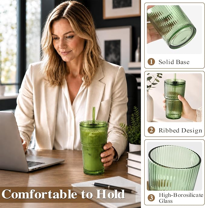 Glass Cups with Lids and Straws, Iced Coffee | 4pcs, leak-proof, - Image 6