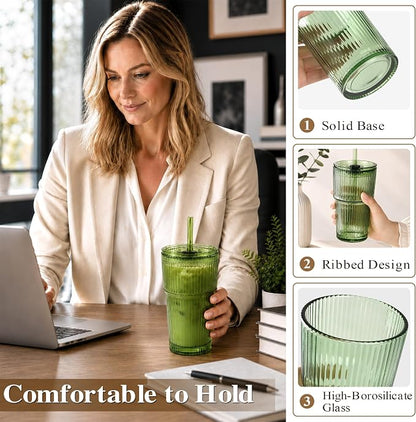 Glass Cups with Lids and Straws, Iced Coffee | 4pcs, leak-proof, - Image 6