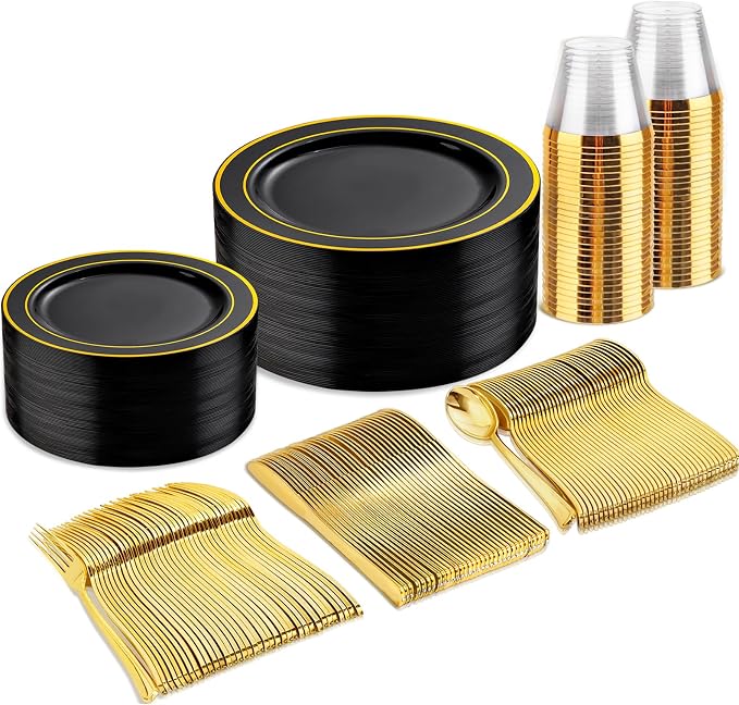 bUCLA 150 Pieces Black and Gold Disposable Dinnerware Set by BUCLA