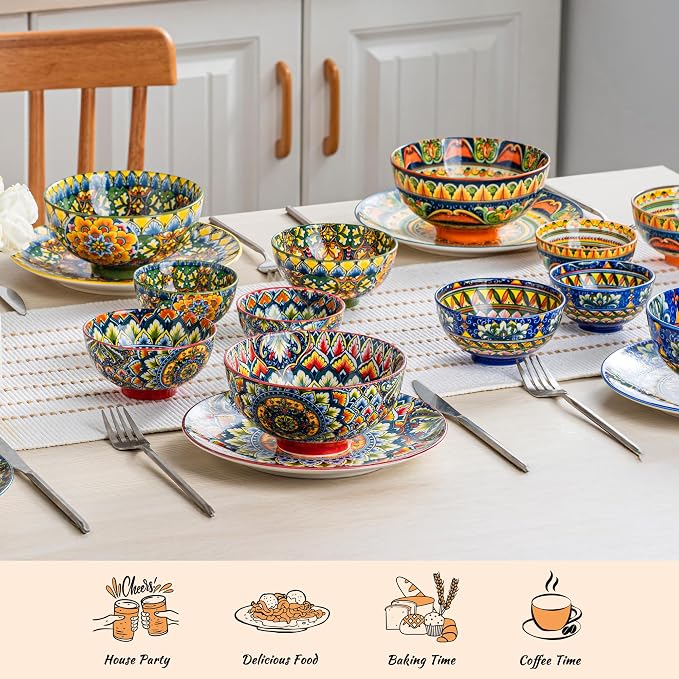 Henten Home Ceramic Soup Bowls Set of 6, Bohemia 22 oz Cereal Bowls Set - Image 5