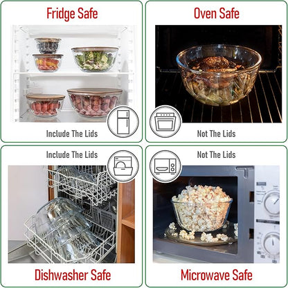 Large Stackable Set of 5 Nesting Glass Bowls with Acacia Lids for Foodprep, Storage, Baking, Sourdough Mixing & Cooking. Microwave & Oven Safe Heat Resistant Inert Borosilicate Glass