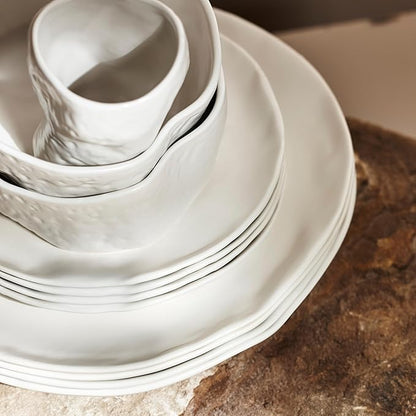 Stone by Mercer Project Atik Modern Stoneware 32-Piece Dinnerware Set, Plate and Bowl Set, Dish set for 8, White