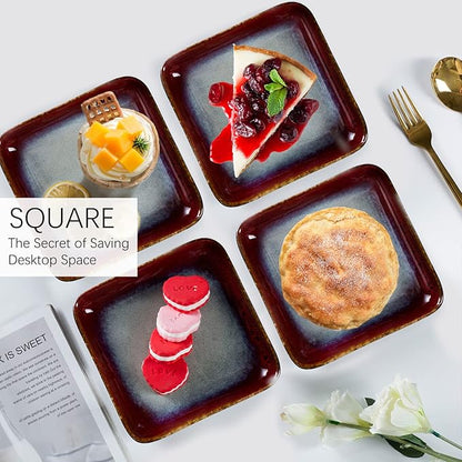 HENXFEN LEAD Small Square Plates 6.3 Inch – Ceramic Dessert, Appetizer & Snack Plates Microwave & Dishwasher Safe – Set of 4, Reactive Glaze Red