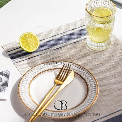 Placemats Set of 12 - Easy Clean Woven Vinyl Placemats for Dining Table, Indoor/Outdoor Place Mats, Washable PVC Table Mats（Blue Skyline）