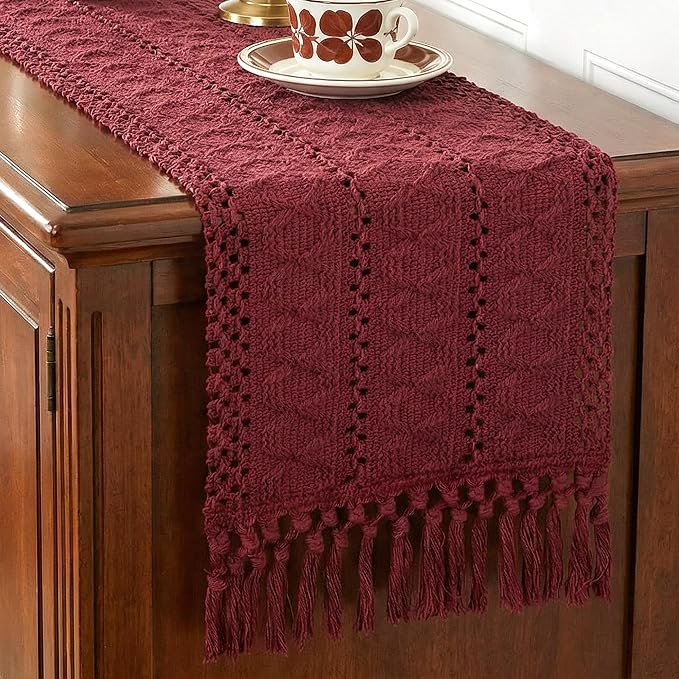 Burgundy Red Table Runner with Tassels 12x90 Inch by FEXIA