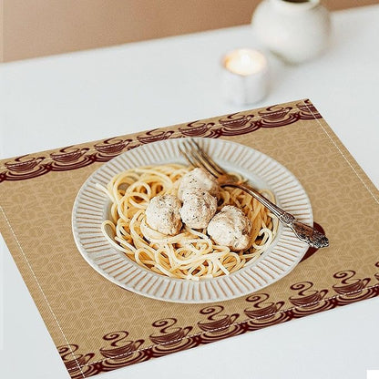 Vintage Coffee Theme Placemat Set, Minimal Rustic Farmhouse Brown Beige Geometric Coffee Cup Beans Seamless Pattern Home Decor Linen Table Mats for Dining Room Kitchen Party (17x12in) x6P
