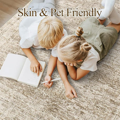 5x7 Area Rugs Brown Low Pile Indoor Washable Trendy Faded Style Rugs for Bedroom Living Room Dining Room Foldable Non-Slip Thin Print Mat