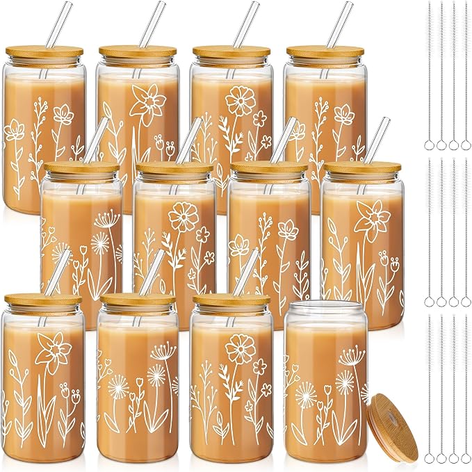 Mumufy 12 Pack Glass Cups Gift Aesthetic Cute Glass Cup Tumbler Flower Iced by Mumufy