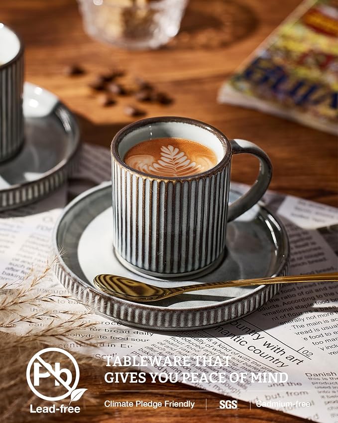 famiware Star Espresso Cups and Saucers Set of 4, 3 oz Ceramic Small Coffee Mug - Image 2