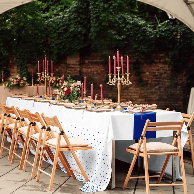16Pack Disposable Plastic Tablecloths and Satin Table Runner Set White and Blue - Image 7