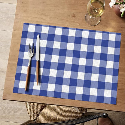 Artoid Mode Buffalo Plaid Vinyl Placemats Set of 4, 12x18 Inch Washable Non-Slip Heat Resistant Plastic Place Mats for Party Dining Table, Naxy Blue/White