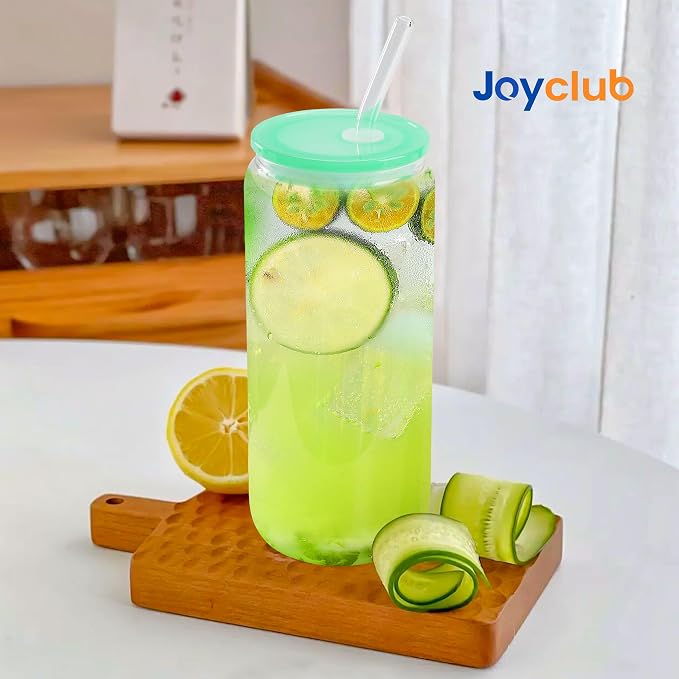 Joyclub 8pcs Glass Cups with Acrylic Lids and Straws 20 oz Drinking Glasses | - Image 2