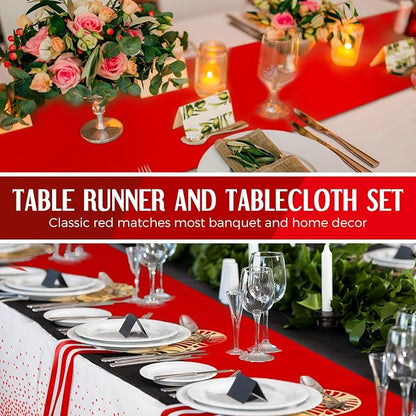 24 Pack White and Red Disposable Plastic Tablecloths and Satin Table Runner Set - Image 6