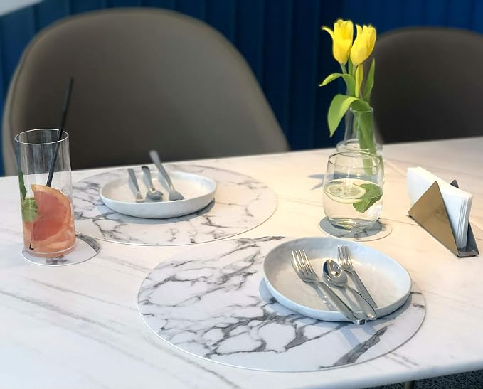 Set of 8 Marble Round Placemats and Coasters, Faux Leather Waterproof Table Mats - Image 4