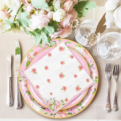 Whaline Pink Tea Party Tableware Supplies Serves 24 Pink Floral Tea Party - Image 6