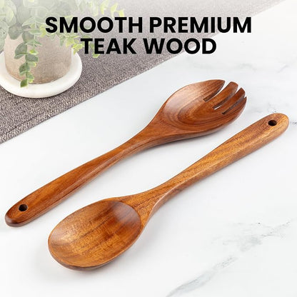 Zulay Kitchen Teak Wood Utensil Set – 2 Piece Large Wooden Salad Serving Spoon - Image 4