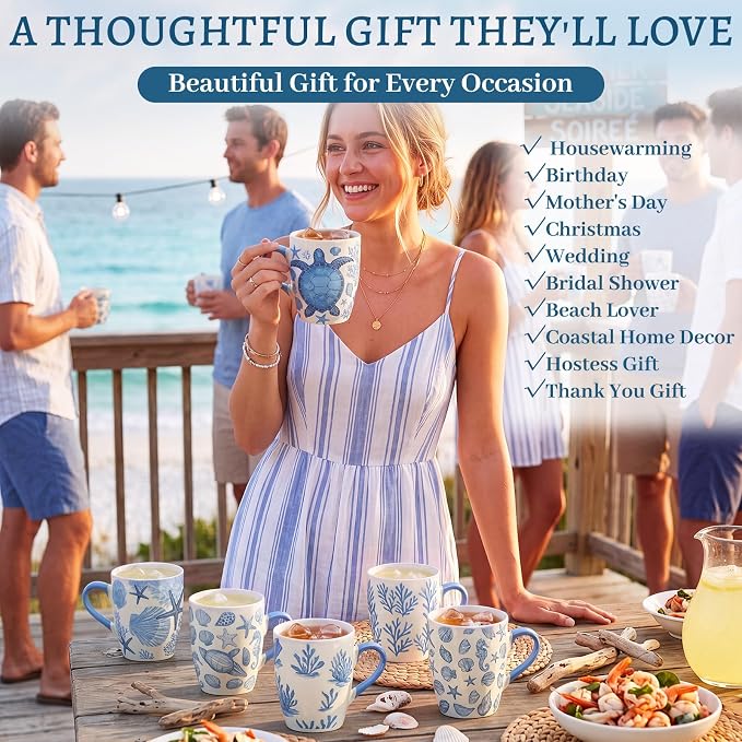 Qinyoung 6 Pcs Coastal Coffee Mugs Set 12oz Beach Ceramic Cups - Image 5