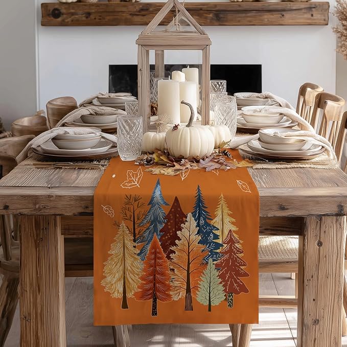 Fall Watercolor Trees & Maple Leaves Table Runner 13x72 Inch, Rustic Farmhouse - Image 5