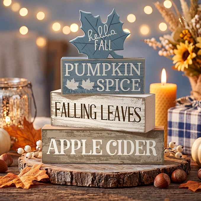 Moucuny 4 Pcs Fall Table Decoration Rustic Blue Maple Leaf Stacked Wooden Block - Image 4