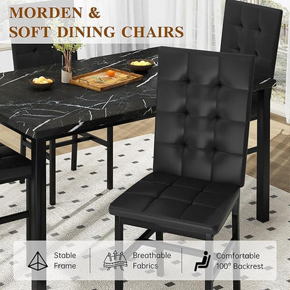 AWQM Dining Table Set for 4,Faux Marble Kitchen Table and Chairs Set of 4, Modern Dining Room Table Set for 4,Dinner Table with 4 Leather Chairs, Dinette Set for Small Spaces (Black&Black)