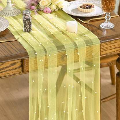 Artoid Mode Pearl Yellow Gauze Table Runner 59x120 Inch , Seasonal Sheer Kitchen Dining Holiday Wedding Birthday Baby Shower Table Decor for Home Party