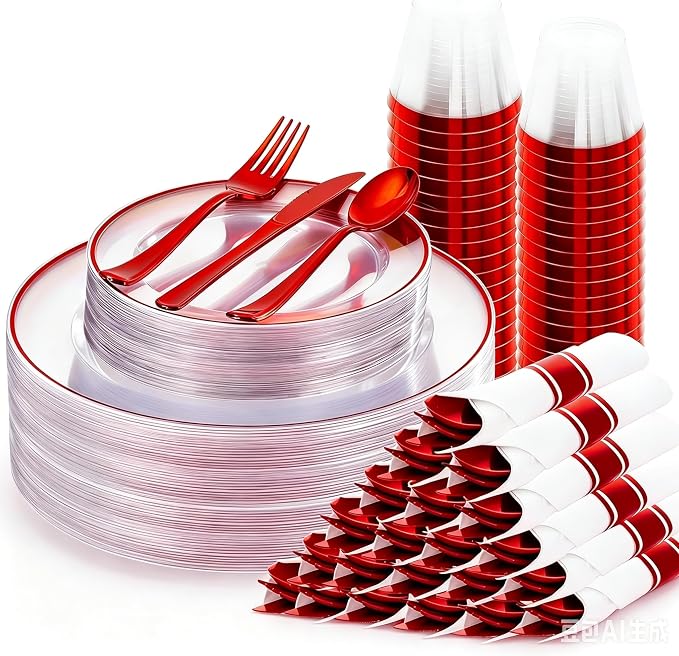 SUT 175 Pcs Red and Clear Plastic Dinnerware Set by SeeYouTomorrow