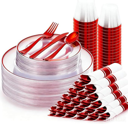 SUT 175 Pcs Red and Clear Plastic Dinnerware Set by SeeYouTomorrow