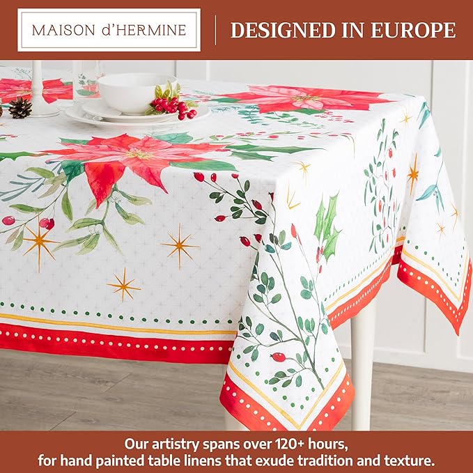 Maison d' Hermine Table Cloth Rectangle Table 100% Cotton 70 x 108 Inches Fall Tablecloth Reusable Everyday Use for Thanksgiving Christmas Decorations Dining Farmhouse Party (Poinsettia Christmas)