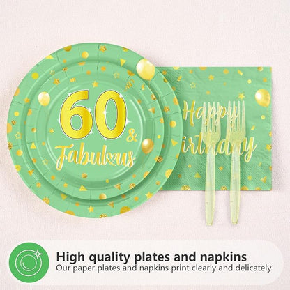 96 Pcs Sage Green Gold 60th Birthday Decorations Serves24 | 60th Birthday - Image 2