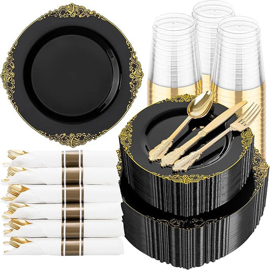 Hioasis 350pcs Black and Gold Plates - Black Party Plates for 50 Guest, Include 100 Heavy-duty Plates(20% Thicker Than Standard), 50 Pre Rolled Gold Plastic Silverware Set, 50 Cups