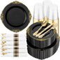 Hioasis 350pcs Black and Gold Plates - Black Party Plates for 50 Guest, Include 100 Heavy-duty Plates(20% Thicker Than Standard), 50 Pre Rolled Gold Plastic Silverware Set, 50 Cups