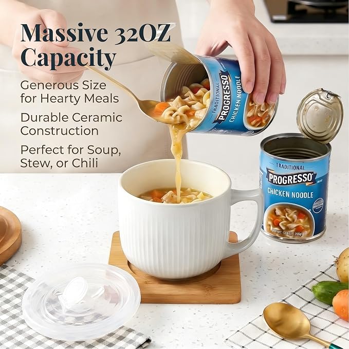 Ceramic Soup Bowl with Handle & Lid, Large 32oz Microwave Ramen Bowl White | - Image 4