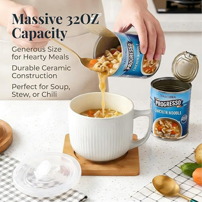 Ceramic Soup Bowl with Handle & Lid, Large 32oz Microwave Ramen Bowl White | - Image 4