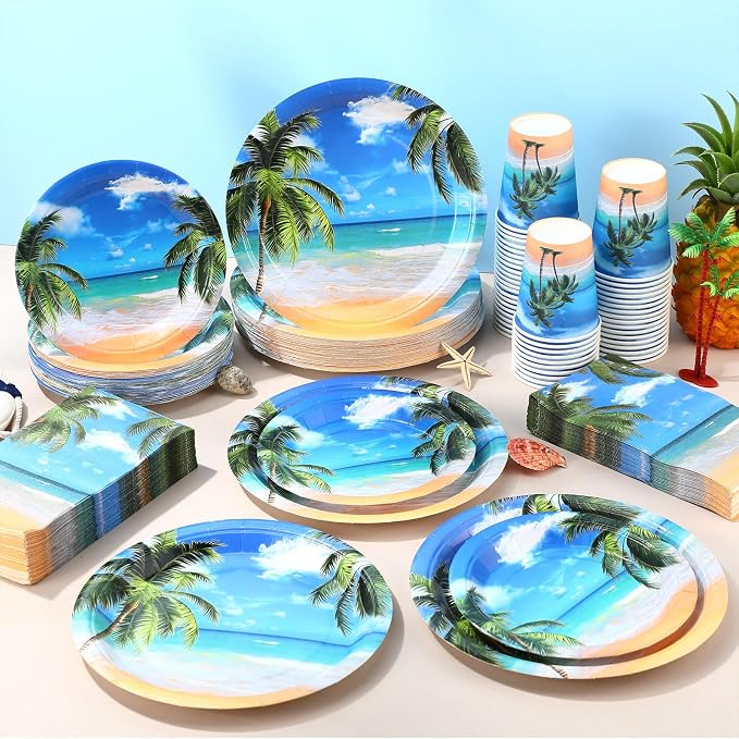 Funnymoom 250 Pcs Tropical Beach Party Decoration Summer Paper Plates Napkins - Image 6
